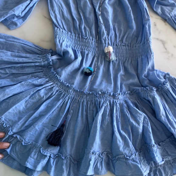 Misa Mini Dress Womens Medium Blue Peasant Ethnic Tassel Ruffled Balloon Sleeve - Picture 3 of 6